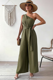 Dames Luchtige Linnen Look One-Shoulder Wide Leg Jumpsuit met Tailleceintuur | Gania