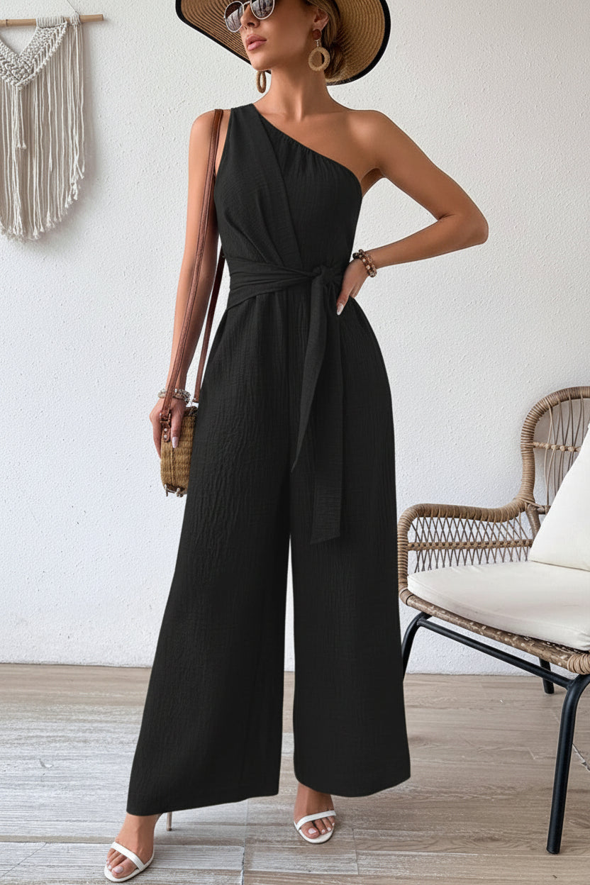 Dames Luchtige Linnen Look One-Shoulder Wide Leg Jumpsuit met Tailleceintuur | Gania