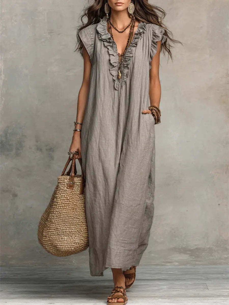 Dames Luchtige Maxi Jurk met Ruches | Comfortabele Boho Zomer Jurk met Relaxte Pasvorm | Ganoah