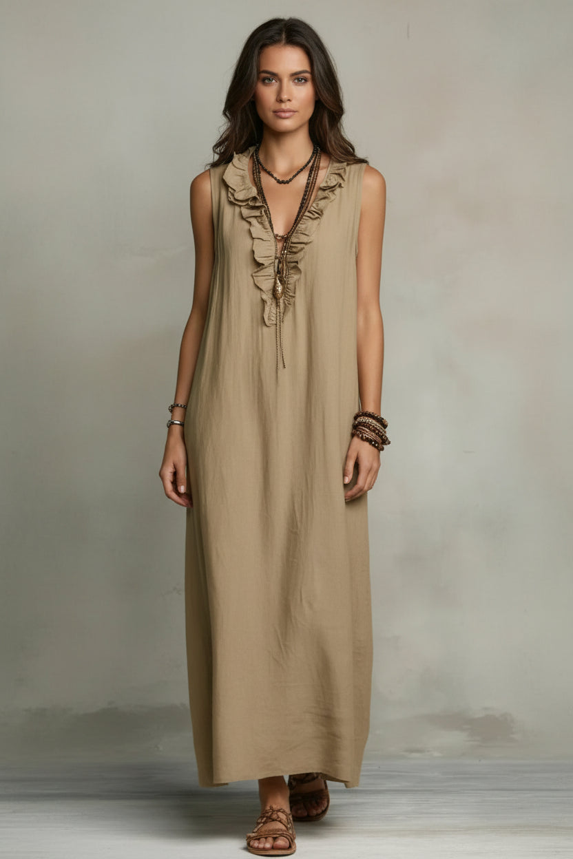 Dames Luchtige Maxi Jurk met Ruches | Comfortabele Boho Zomer Jurk met Relaxte Pasvorm | Ganoah