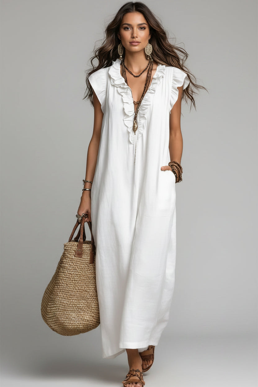 Dames Luchtige Maxi Jurk met Ruches | Comfortabele Boho Zomer Jurk met Relaxte Pasvorm | Ganoah