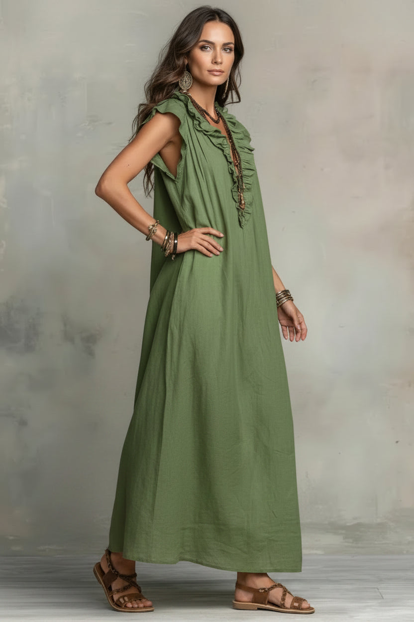 Dames Luchtige Maxi Jurk met Ruches | Comfortabele Boho Zomer Jurk met Relaxte Pasvorm | Ganoah