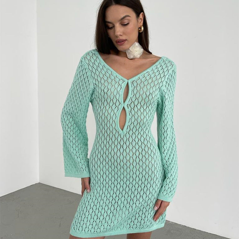 Dames Luchtig Gebreide Mini Jurk met Opengewerkt Design | Perfect voor de Zomer en Strand | Ganorcia