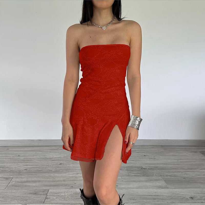 Dames Strapless Kant Mini Jurk | Elegante Aansluitende Tube Jurk met Split Detail | Gansella