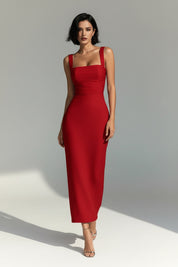 Dames Elegante Midi Jurk met Vierkante Hals en Bandjes | Slim Fit en Minimalistisch | Garciana