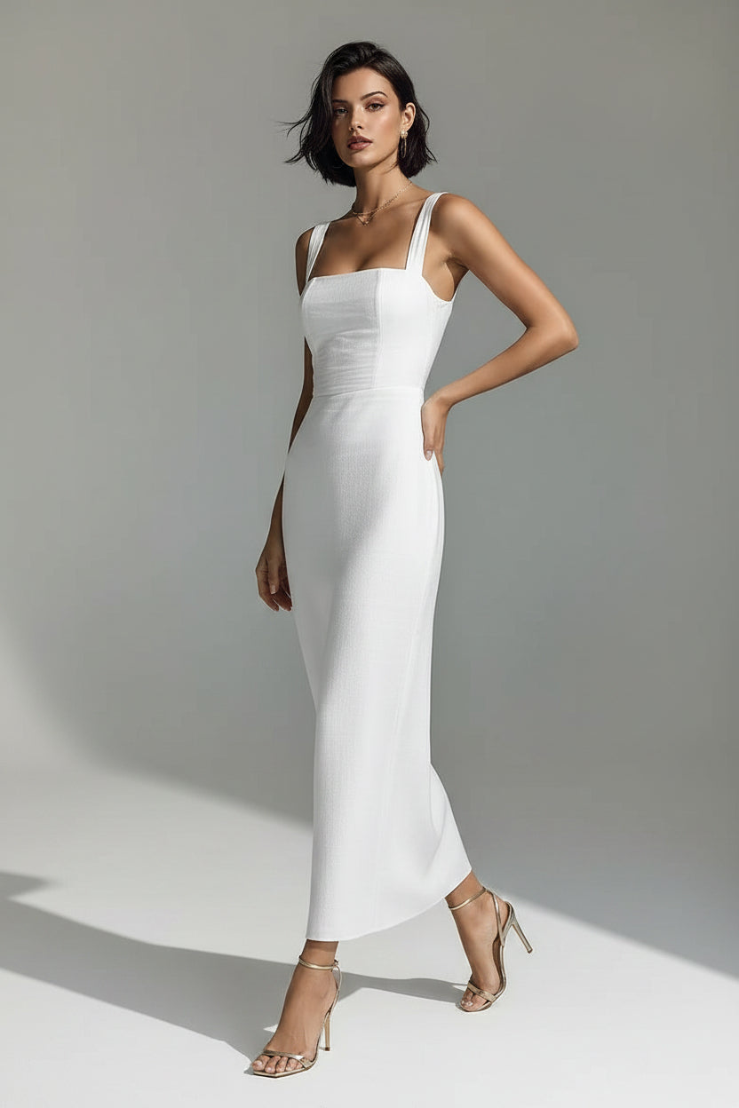 Dames Elegante Midi Jurk met Vierkante Hals en Bandjes | Slim Fit en Minimalistisch | Garciana