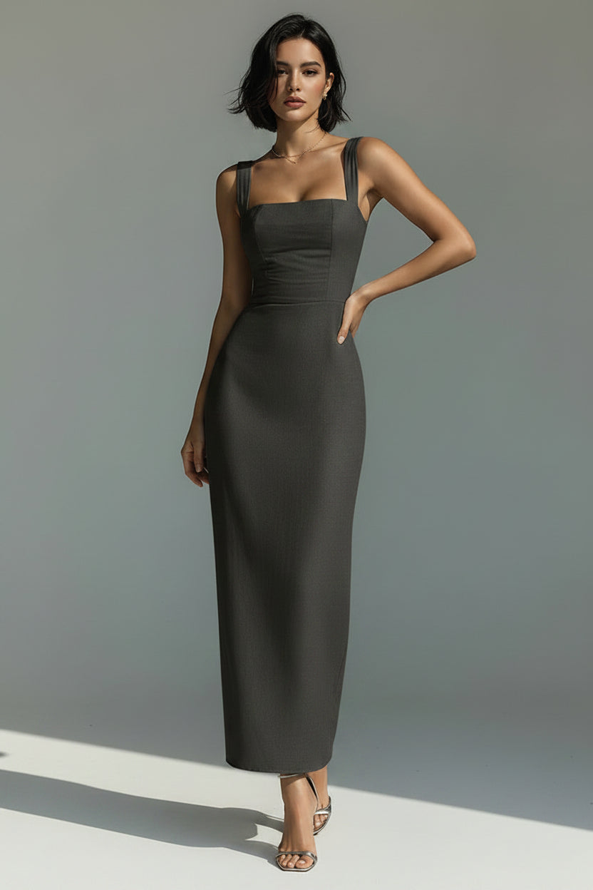 Dames Elegante Midi Jurk met Vierkante Hals en Bandjes | Slim Fit en Minimalistisch | Garciana
