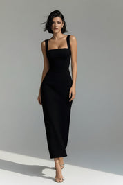 Dames Elegante Midi Jurk met Vierkante Hals en Bandjes | Slim Fit en Minimalistisch | Garciana