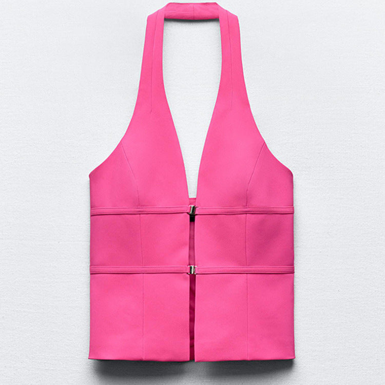 Dames Roze Halter Top Met Diepe V-Hals | Elegante Slim Fit Gilet Top Zonder Rug | Garice