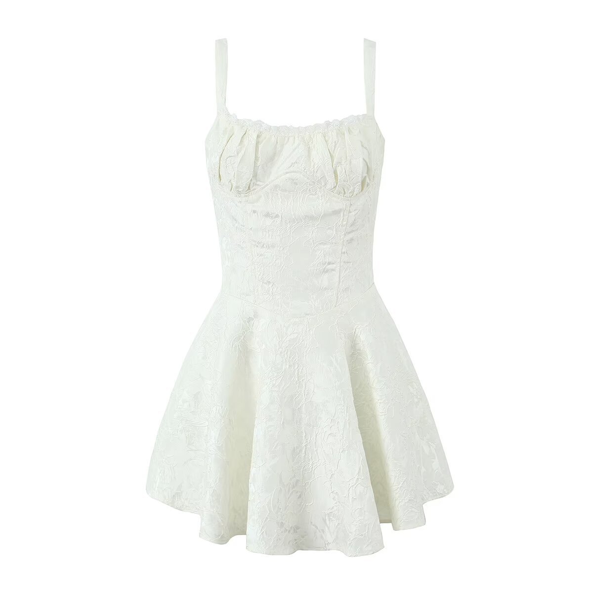 Dames Witte Jacquard Mini Jurk met Bandjes | Elegante Aansluitende Jurk met Luxe Structuur | Garsia