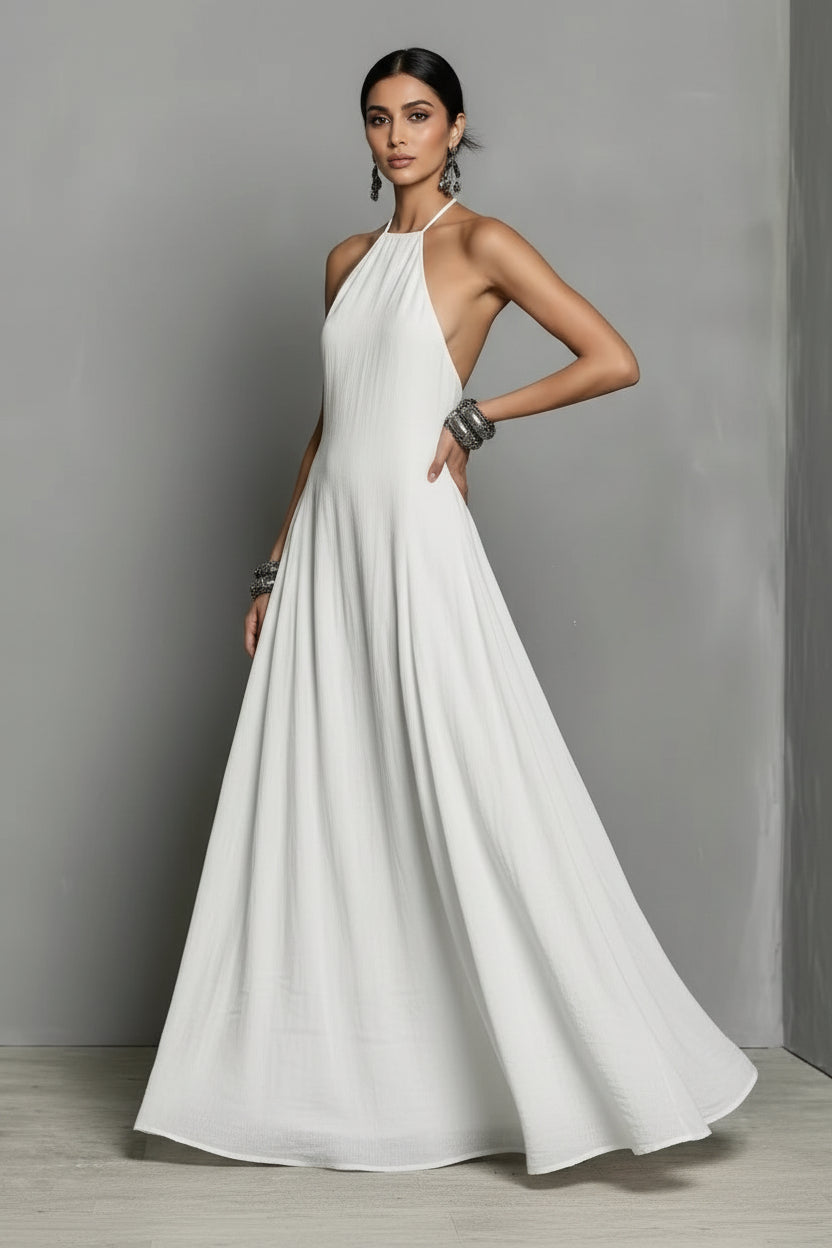 Dames Luchtige Linnen Look Halter Maxi Jurk | Fashion Basic | Garusia