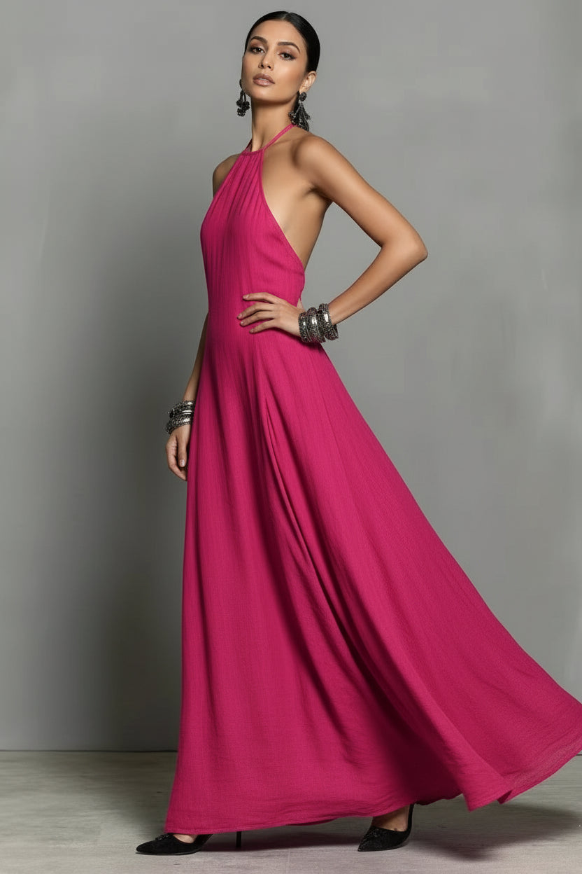 Dames Luchtige Linnen Look Halter Maxi Jurk | Fashion Basic | Garusia