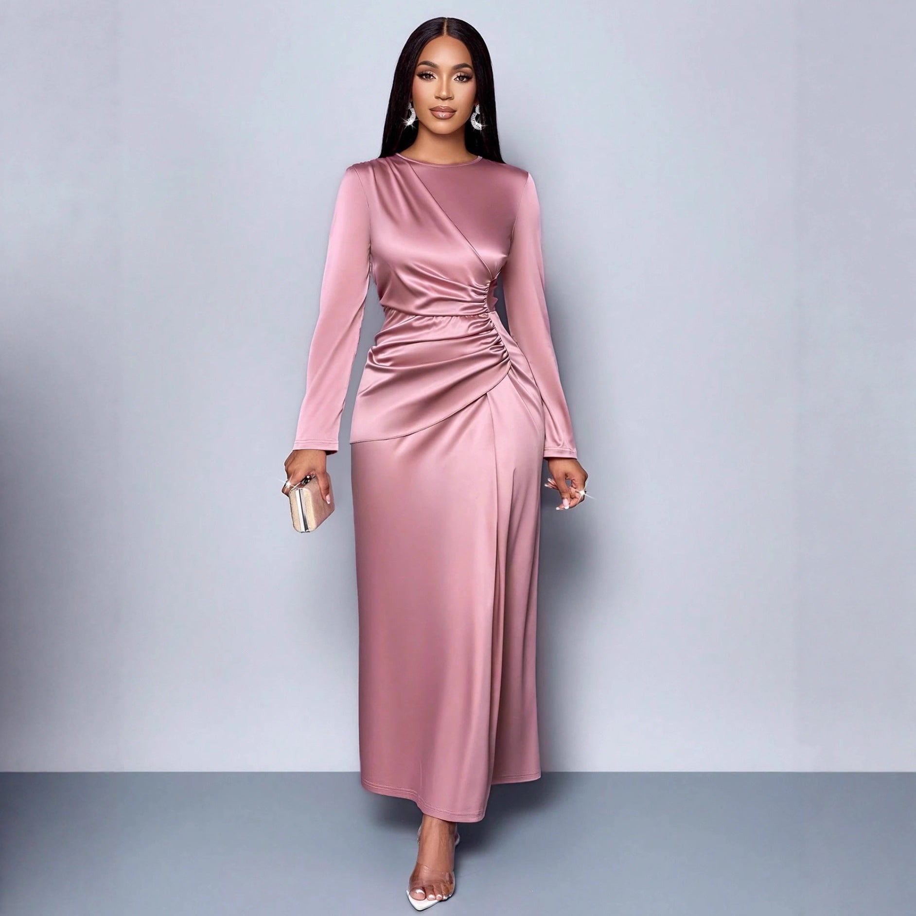 Dames Satijnen Look Maxi Jurk met Lange Mouwen | Slim Fit en Tijdloos Chic | Gasmara