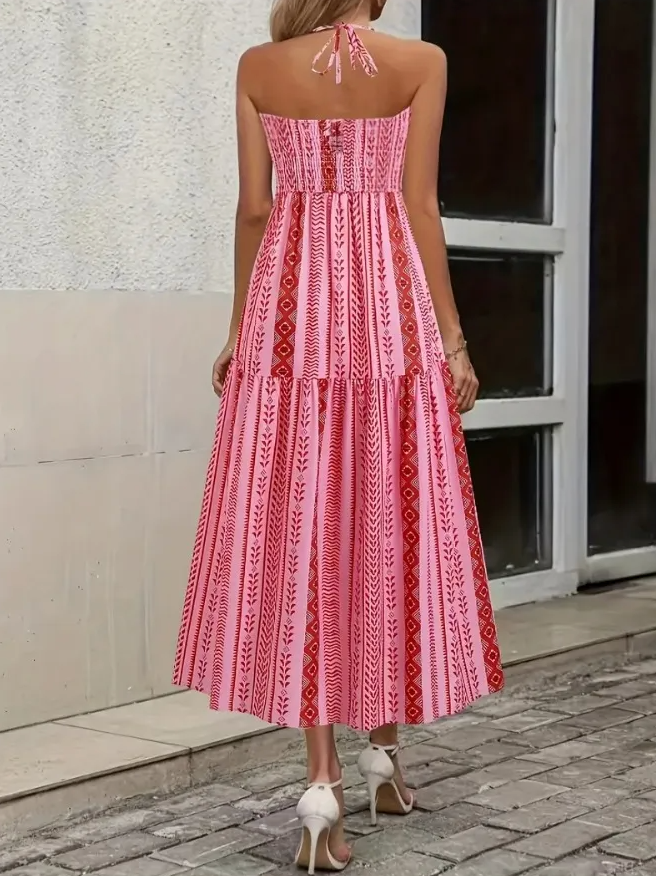 Dames Boho Maxi Jurk met Print en Halterdetail | Luchtig, Vrouwelijk en Perfect voor Zomerse Dagen | Ganisha