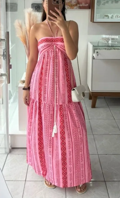 Dames Boho Maxi Jurk met Print en Halterdetail | Luchtig, Vrouwelijk en Perfect voor Zomerse Dagen | Ganisha