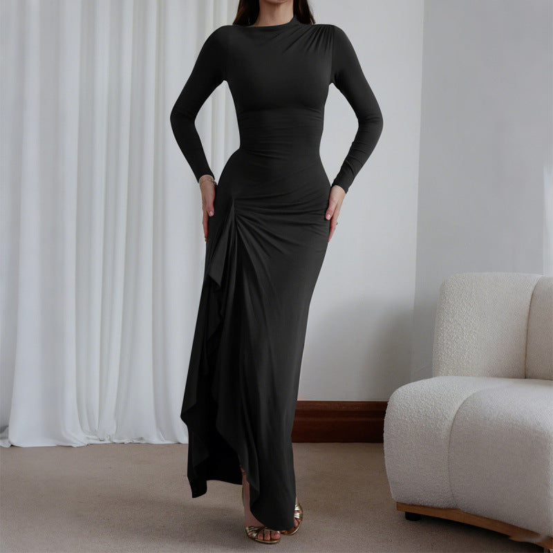 Dames Elegante Maxi Jurk met Plooien en Split | Slim Fit en Tijdloos Chic | Gaszya