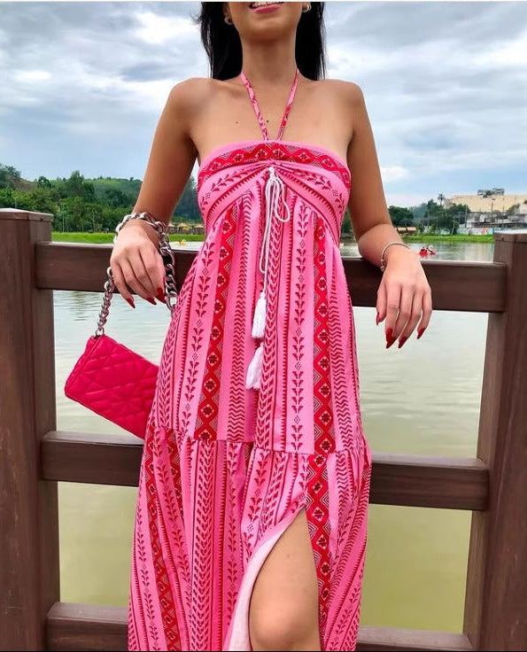 Dames Boho Maxi Jurk met Print en Halterdetail | Luchtig, Vrouwelijk en Perfect voor Zomerse Dagen | Ganisha