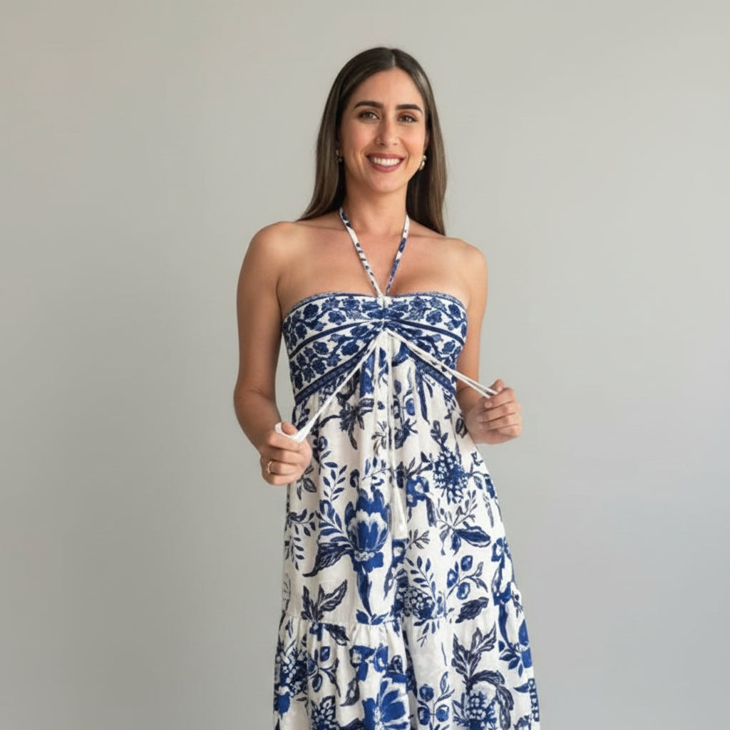 Dames Boho Maxi Jurk met Print en Halterdetail | Luchtig, Vrouwelijk en Perfect voor Zomerse Dagen | Ganisha