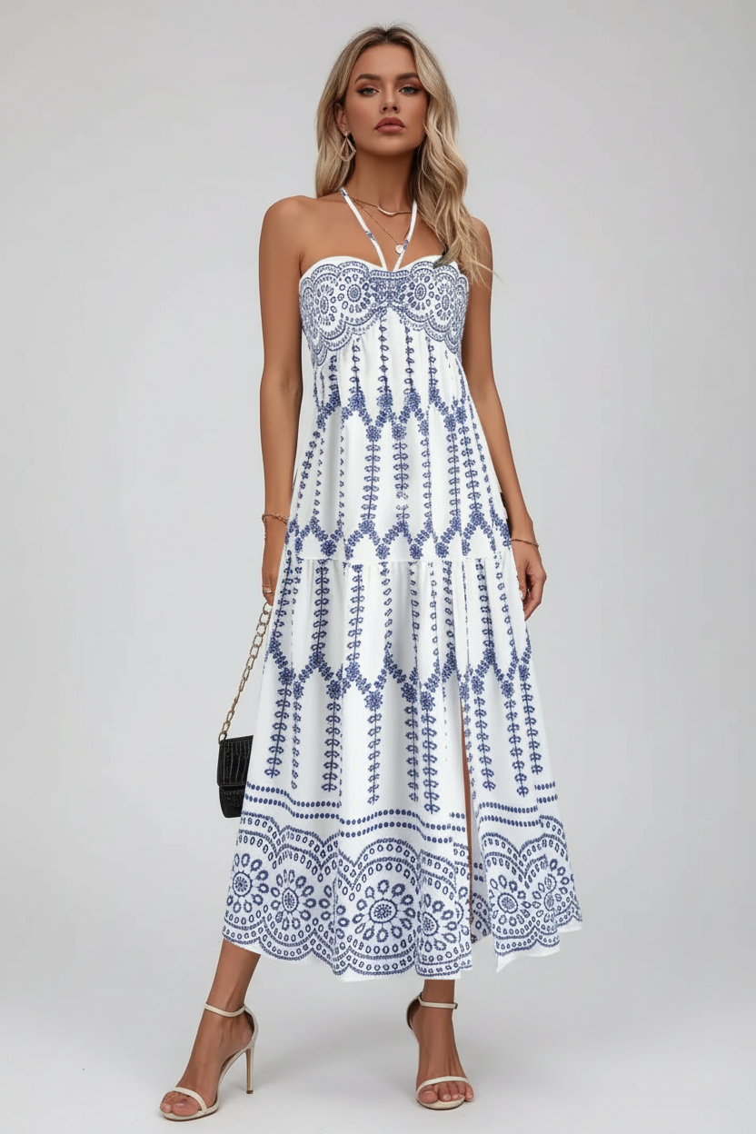 Dames Boho Maxi Jurk met Print en Halterdetail | Luchtig, Vrouwelijk en Perfect voor Zomerse Dagen | Ganisha