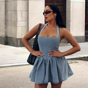Dames Trendy Y2K Denim Halter Mini Jurk met Open Rug en Volume Rok | Gathrine
