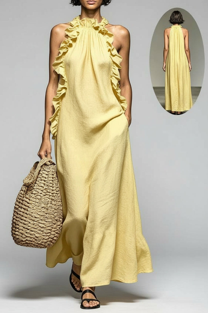 Dames Elegante Maxi Jurk met Halterhals en Ruffle Details | Gazandra