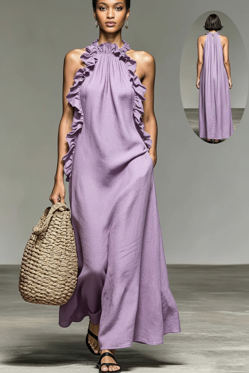 Dames Elegante Maxi Jurk met Halterhals en Ruffle Details | Gazandra