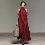 Dames Elegante Maxi Jurk met Halterhals en Ruffle Details | Gazandra