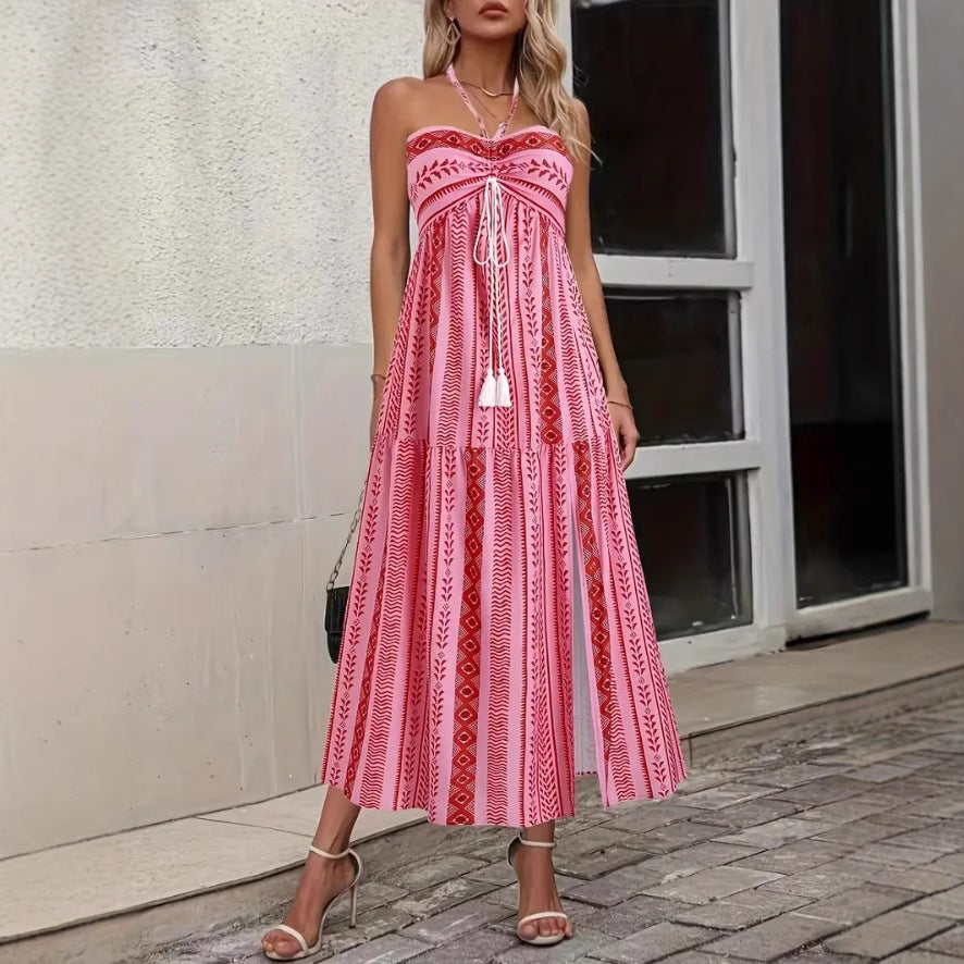 Dames Boho Maxi Jurk met Print en Halterdetail | Luchtig, Vrouwelijk en Perfect voor Zomerse Dagen | Ganisha