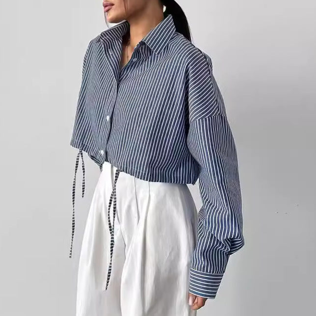 Dames Trendy Losvallende Gestreepte Cropped Blouse met Strikdetail | Gelaine