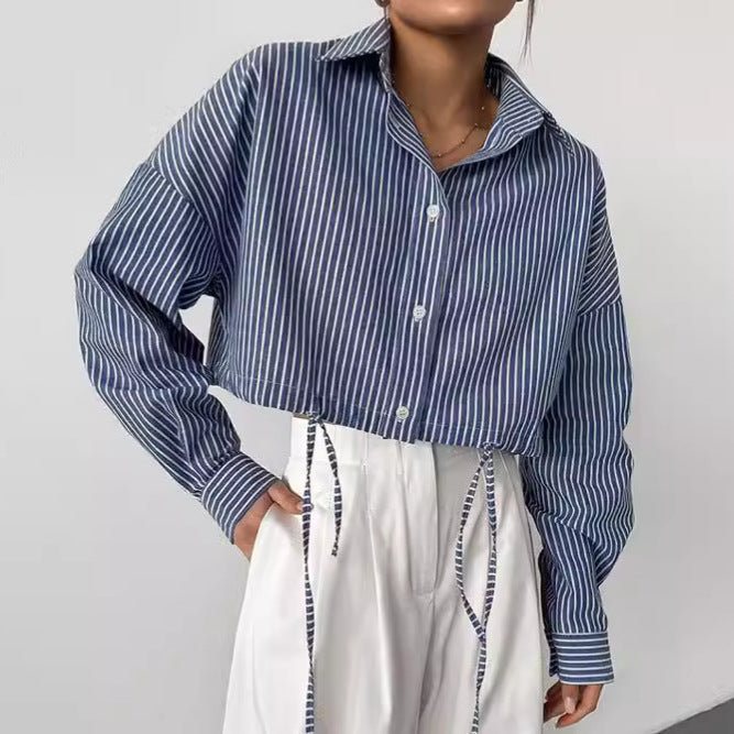 Dames Trendy Losvallende Gestreepte Cropped Blouse met Strikdetail | Gelaine