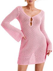 Dames Gehaakte Strand Jurk | Sexy Crochet Cover-Up met Lange Mouwen en V-Hals | Gelila