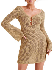 Dames Gehaakte Strand Jurk | Sexy Crochet Cover-Up met Lange Mouwen en V-Hals | Gelila