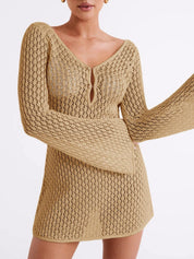 Dames Gehaakte Strand Jurk | Sexy Crochet Cover-Up met Lange Mouwen en V-Hals | Gelila