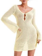 Dames Gehaakte Strand Jurk | Sexy Crochet Cover-Up met Lange Mouwen en V-Hals | Gelila