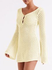 Dames Gehaakte Strand Jurk | Sexy Crochet Cover-Up met Lange Mouwen en V-Hals | Gelila