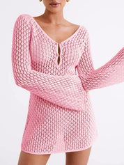Dames Gehaakte Strand Jurk | Sexy Crochet Cover-Up met Lange Mouwen en V-Hals | Gelila