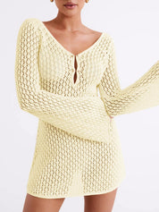 Dames Gehaakte Strand Jurk | Sexy Crochet Cover-Up met Lange Mouwen en V-Hals | Gelila