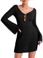 Dames Gehaakte Strand Jurk | Sexy Crochet Cover-Up met Lange Mouwen en V-Hals | Gelila
