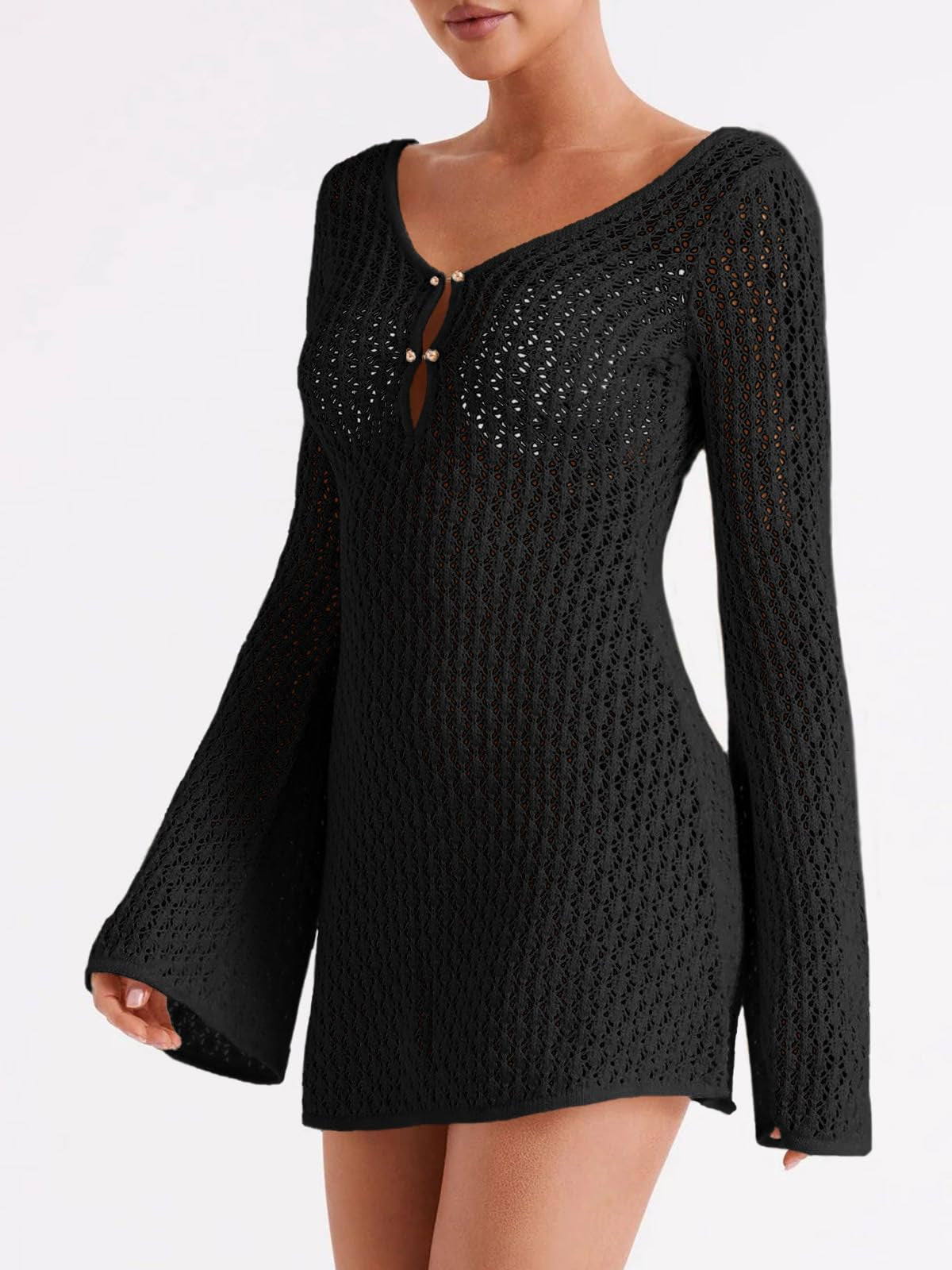 Dames Gehaakte Strand Jurk | Sexy Crochet Cover-Up met Lange Mouwen en V-Hals | Gelila