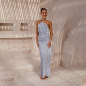Dames Elegante Halter Maxi Jurk | Satijnlook Slim Fit Open Rug Avondjurk | Gelyna