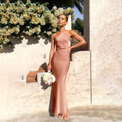 Dames Elegante Halter Maxi Jurk | Satijnlook Slim Fit Open Rug Avondjurk | Gelyna