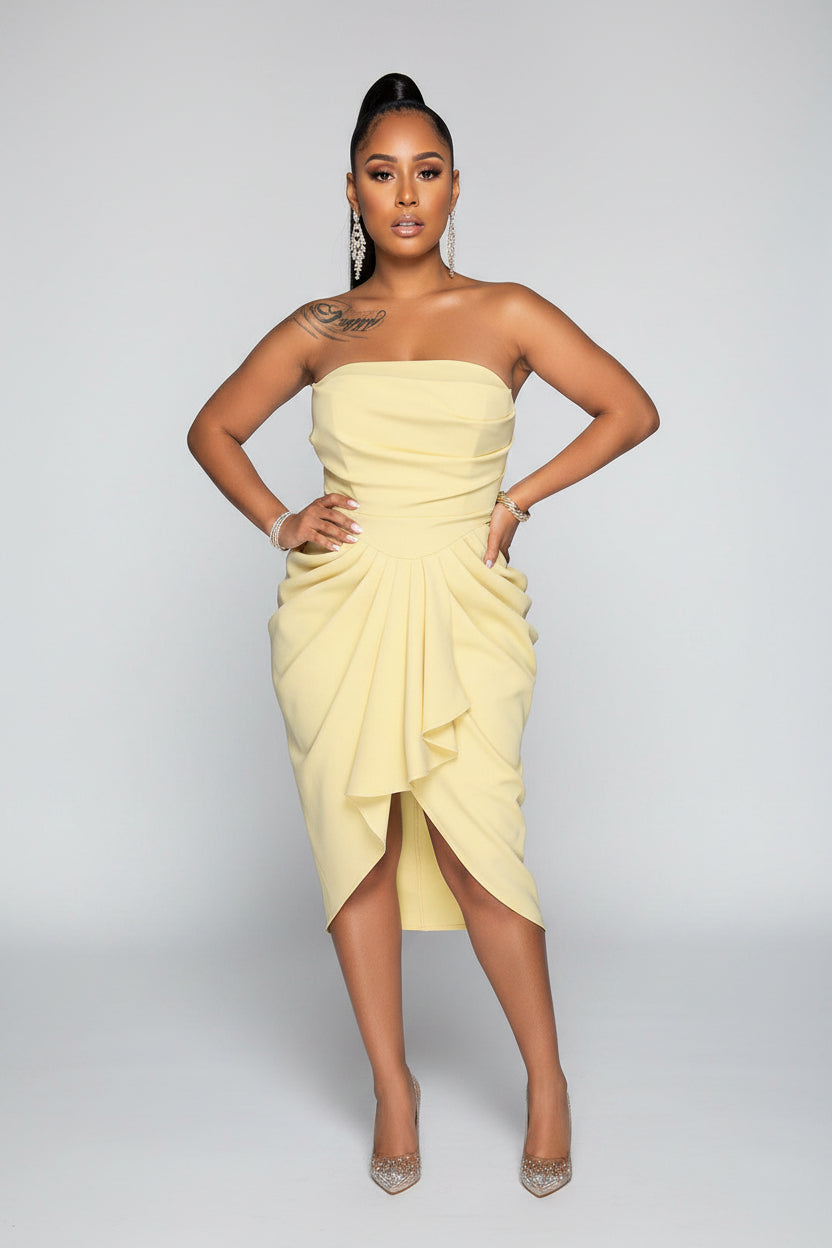 Dames Zomerse Elegante Strapless Geplooide Midi Jurk | Gemina