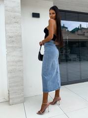 Dames Trendy High-Waist Denim Midi Rok Met Split En Knopen | Elegante Casual Jeans Rok | Gemini