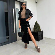 Dames Trendy High-Waist Denim Midi Rok Met Split En Knopen | Elegante Casual Jeans Rok | Gemini