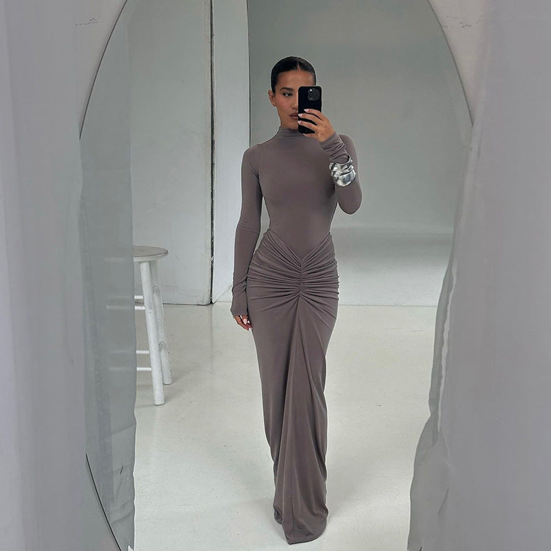 Dames Elegante Maxi Jurk met Gedrapeerde Taille | Slim Fit Lange Jurk met Lange Mouwen | Geneva