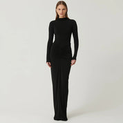 Dames Elegante Maxi Jurk met Gedrapeerde Taille | Slim Fit Lange Jurk met Lange Mouwen | Geneva