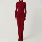 Dames Elegante Maxi Jurk met Gedrapeerde Taille | Slim Fit Lange Jurk met Lange Mouwen | Geneva