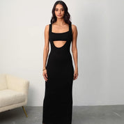 Dames Zwarte Cut-Out Maxi Jurk | Elegante Slim Fit Statement Dress | Genevieve