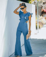 Dames Trendy Denim Look Jumpsuit met Ruches Ruffle Mouwen | Genimina