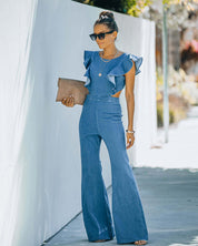 Dames Trendy Denim Look Jumpsuit met Ruches Ruffle Mouwen | Genimina